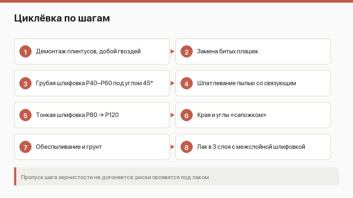 Схема этапов циклёвки паркета: грубая шлифовка, шпатлевание, тонкая шлифовка, грунт, лак