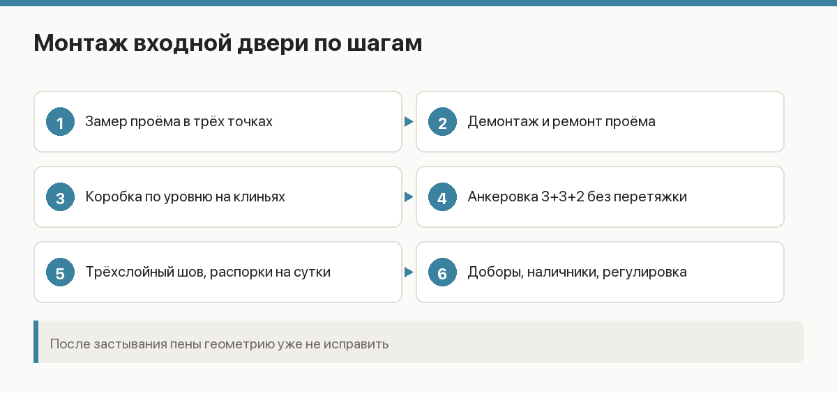 Порядок монтажа входной двери: замер, демонтаж, установка по уровню, анкеровка, пена, откосы