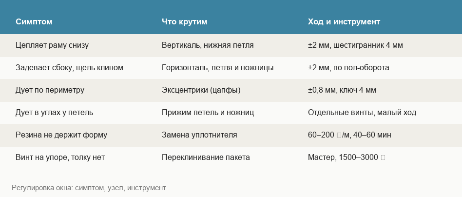 Таблица неисправностей пластикового окна и способов их устранения
