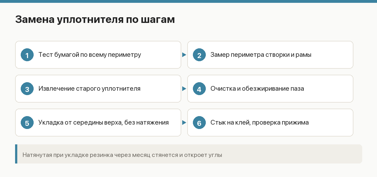 Схема замены уплотнителя окна: извлечение старого, очистка паза, укладка нового контура без натяжения